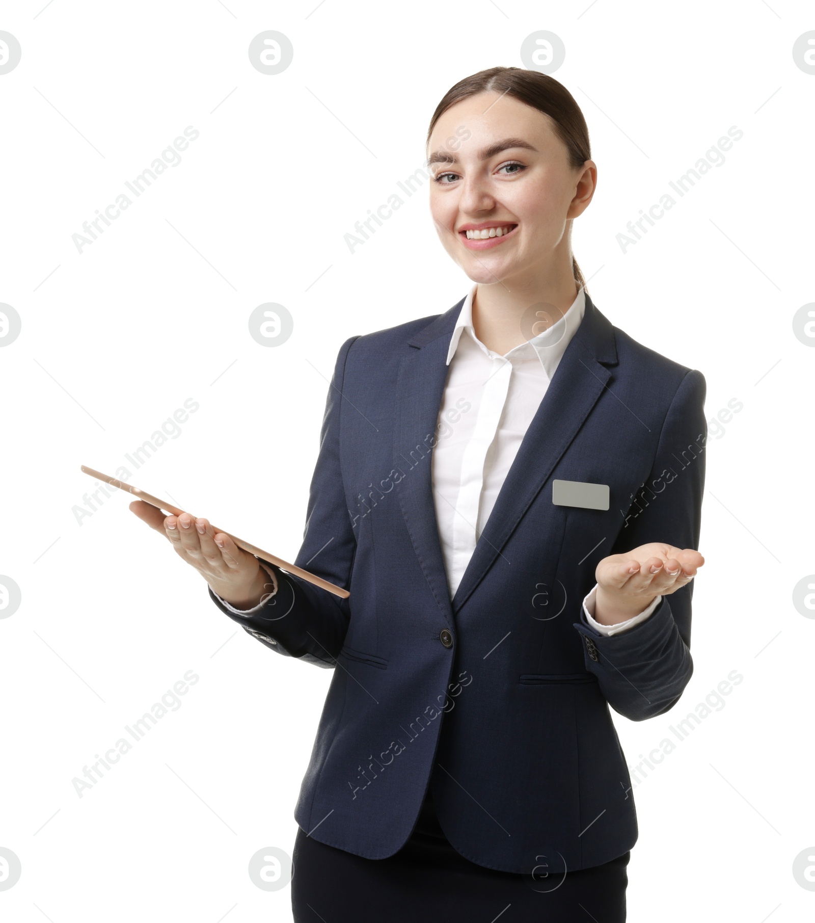 Photo of Hostess in uniform with tablet on white background