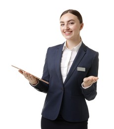 Photo of Hostess in uniform with tablet on white background