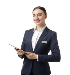 Photo of Hostess in uniform with tablet on white background