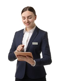 Photo of Hostess in uniform with tablet on white background