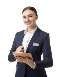 Photo of Hostess in uniform with tablet on white background