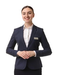 Photo of Portrait of hostess in uniform on white background