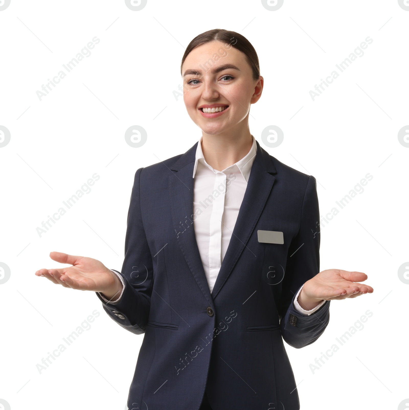Photo of Portrait of hostess in uniform on white background