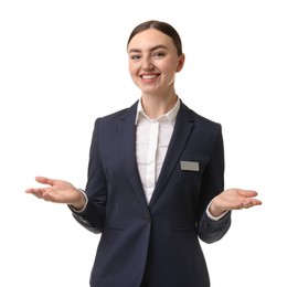 Photo of Portrait of hostess in uniform on white background
