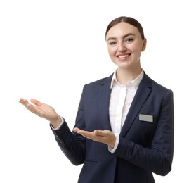 Photo of Portrait of hostess in uniform on white background