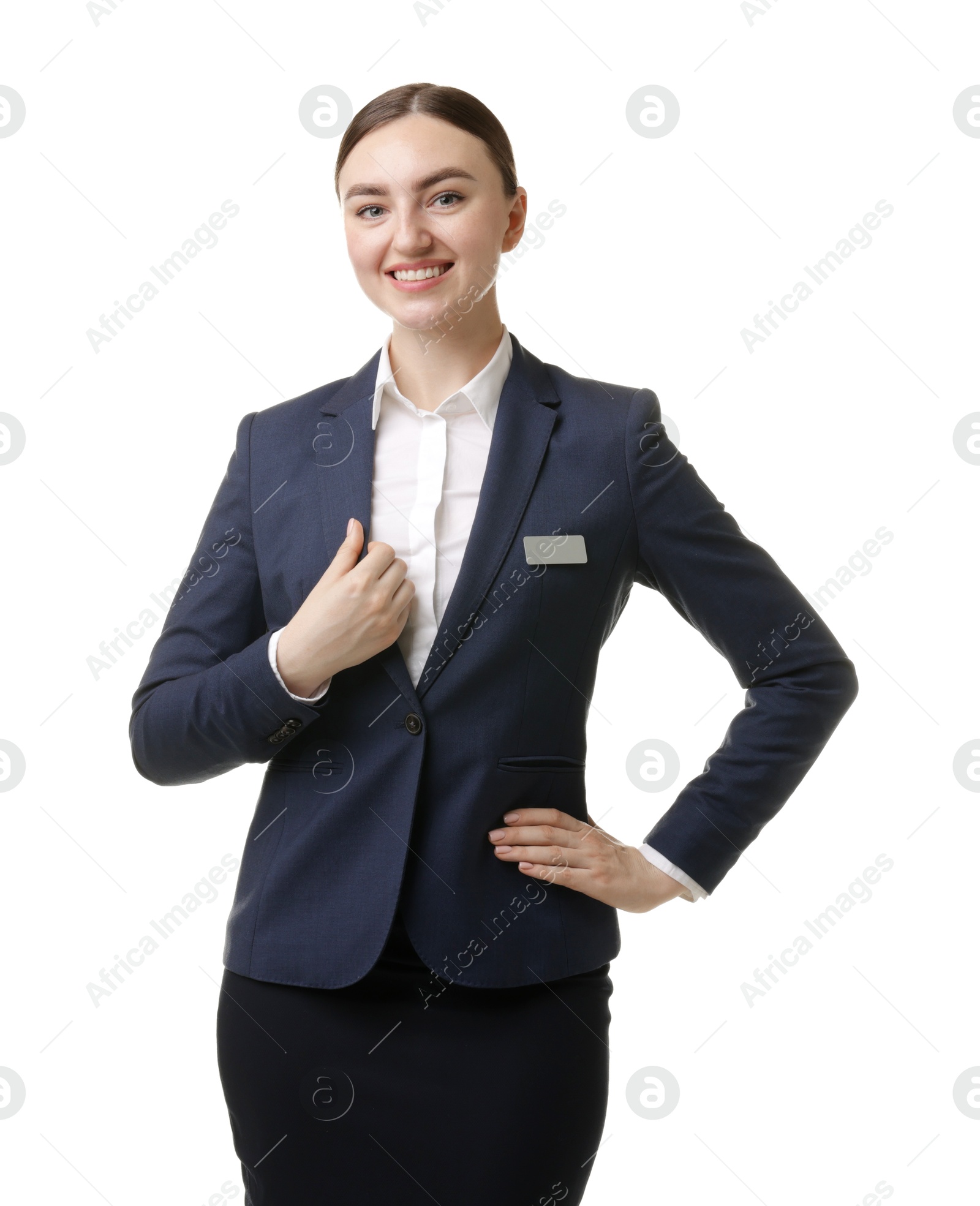 Photo of Portrait of hostess in uniform on white background