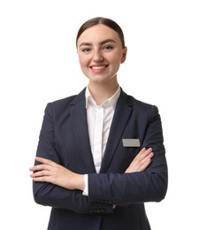 Photo of Portrait of hostess in uniform on white background