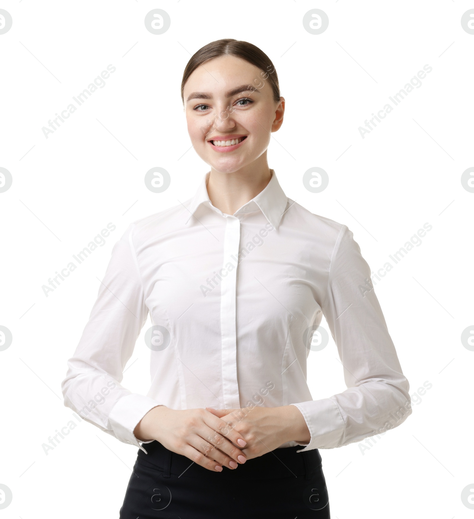 Photo of Portrait of hostess in uniform on white background