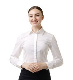 Photo of Portrait of hostess in uniform on white background