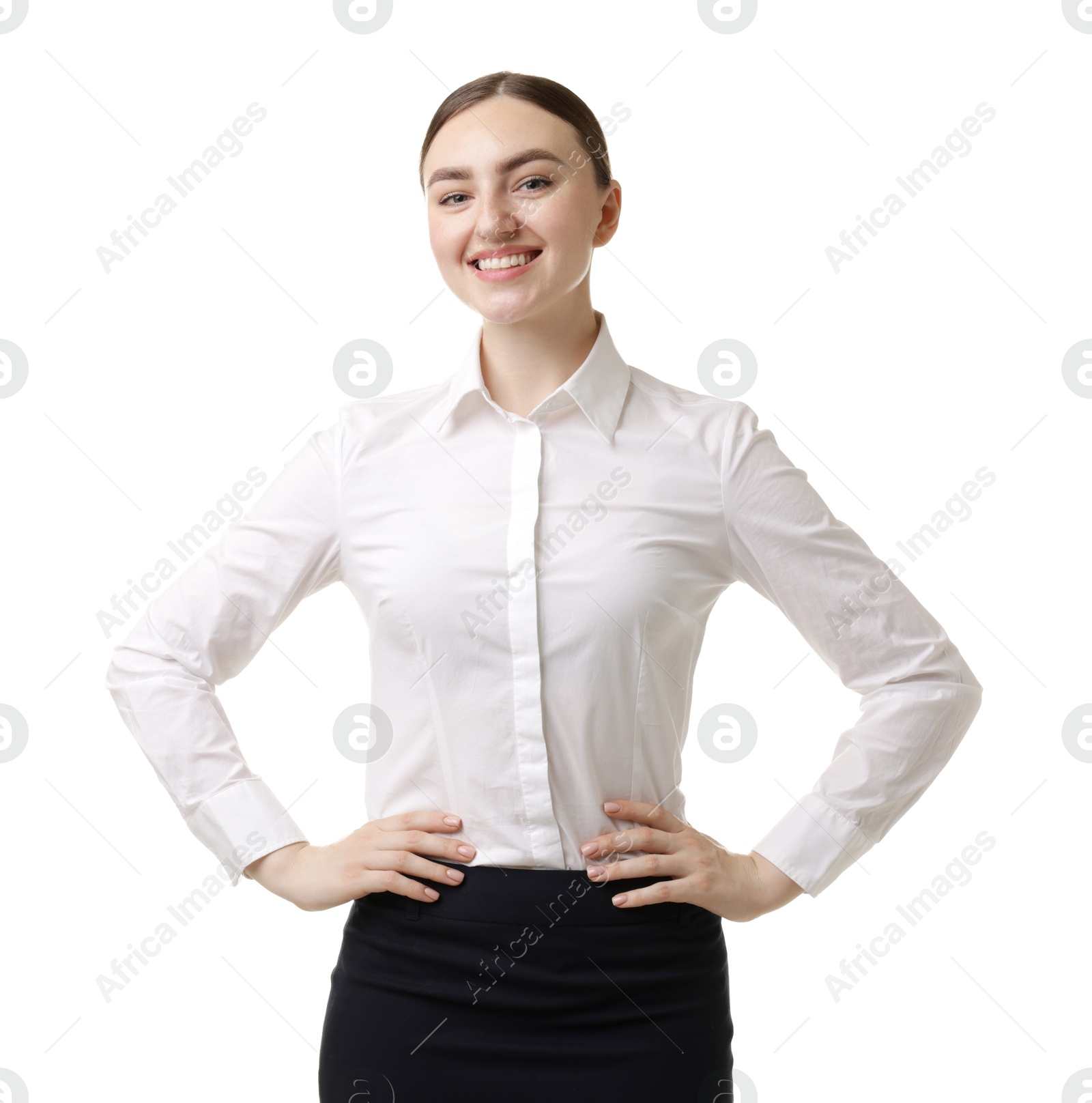 Photo of Portrait of hostess in uniform on white background