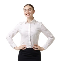 Photo of Portrait of hostess in uniform on white background