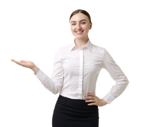 Photo of Portrait of hostess in uniform on white background