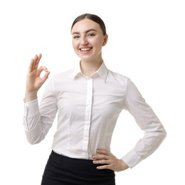 Photo of Hostess in uniform showing ok gesture on white background