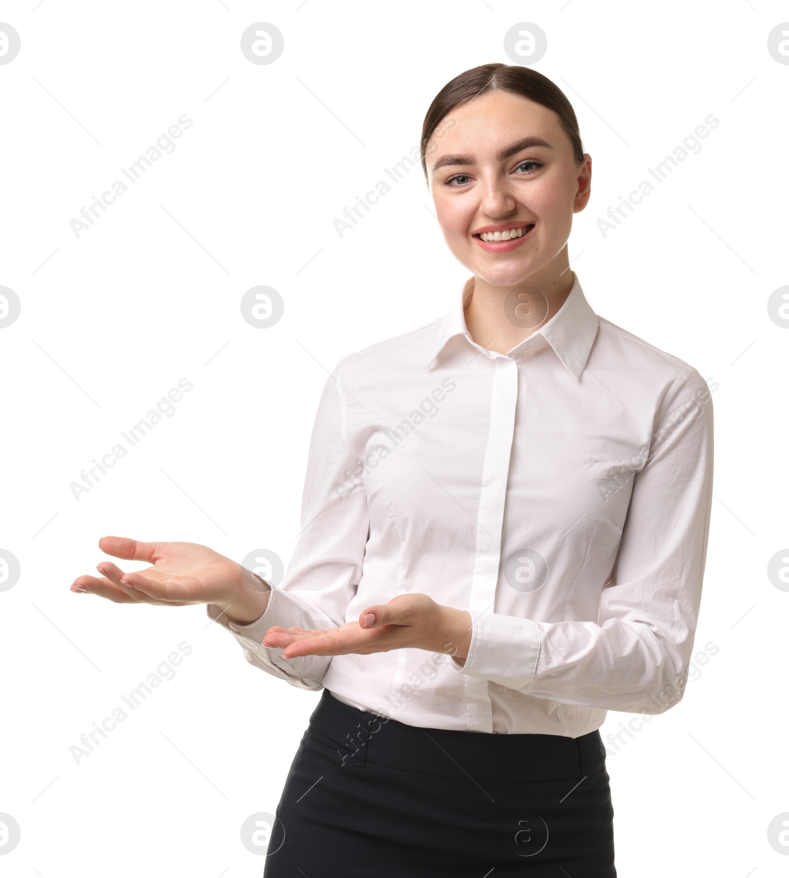Photo of Portrait of hostess in uniform on white background