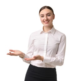 Photo of Portrait of hostess in uniform on white background