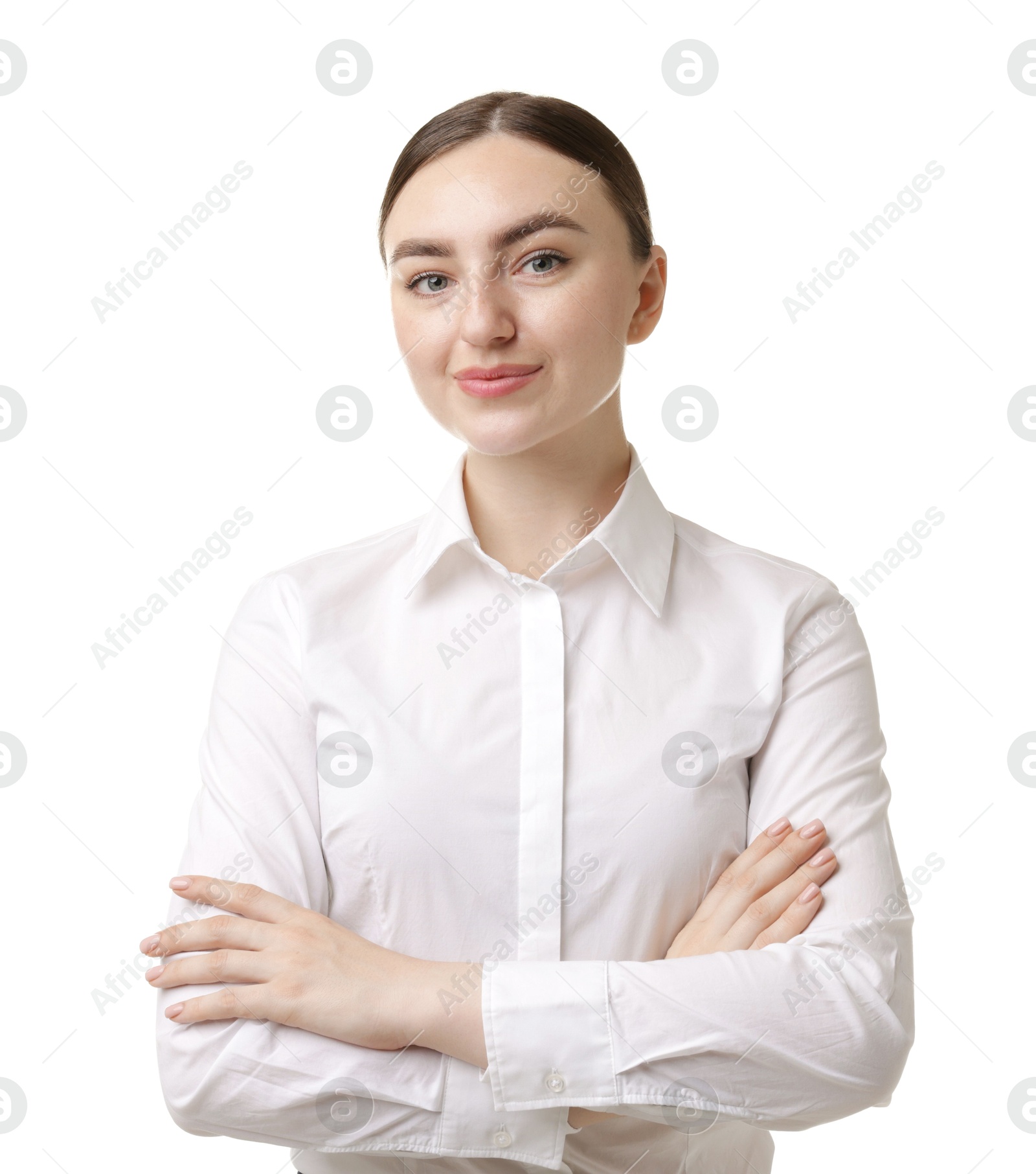 Photo of Portrait of hostess in uniform on white background