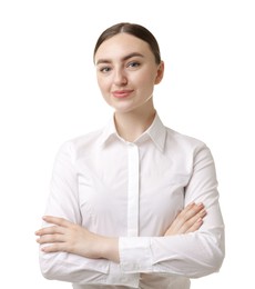 Photo of Portrait of hostess in uniform on white background