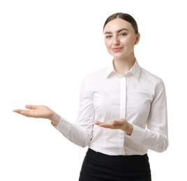 Photo of Portrait of hostess in uniform on white background