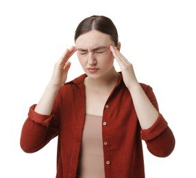 Photo of Woman suffering from headache on white background