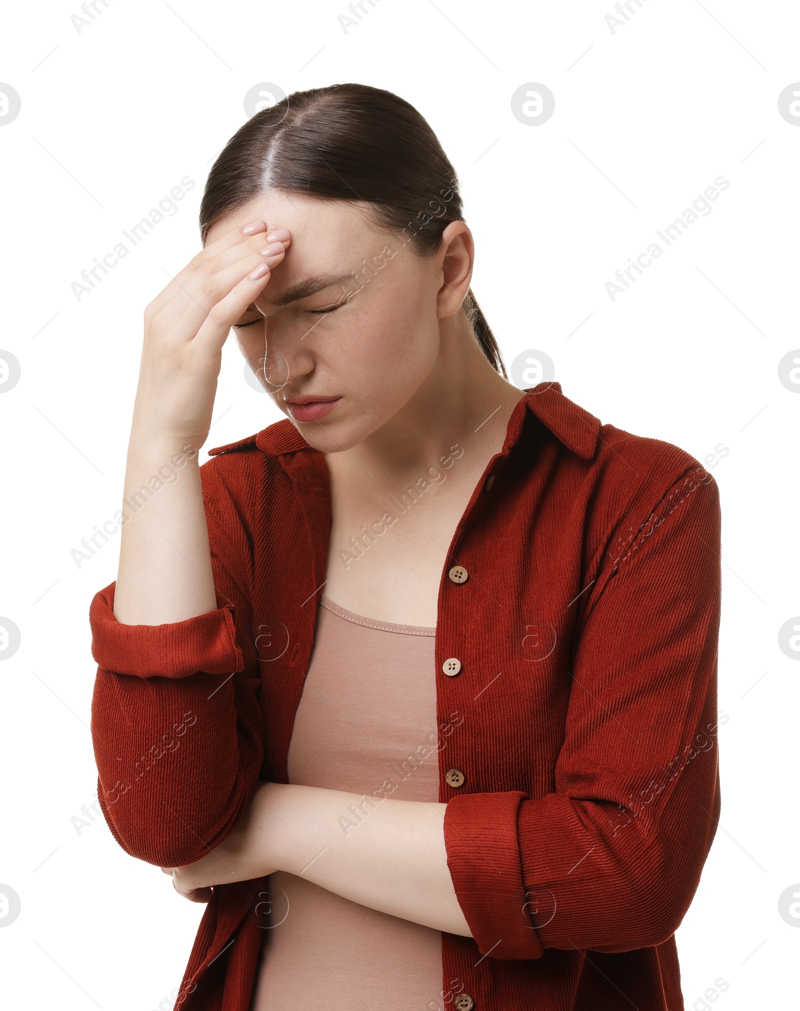 Woman suffering from headache on white background Photo of Woman suffering from headache on white background