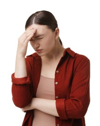 Photo of Woman suffering from headache on white background
