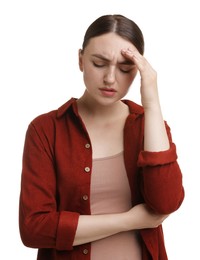 Photo of Woman suffering from headache on white background