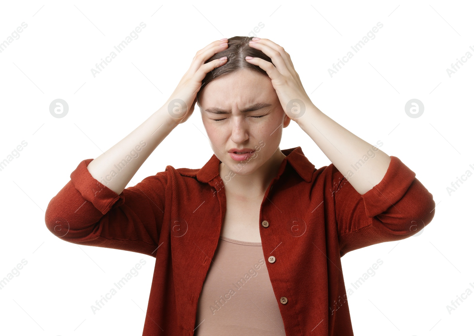 Woman suffering from headache on white background Photo of Woman suffering from headache on white background
