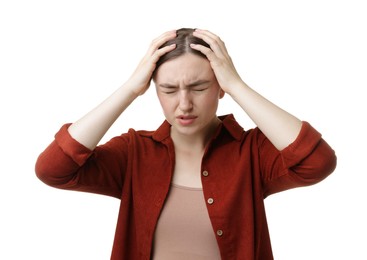 Photo of Woman suffering from headache on white background
