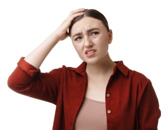 Photo of Woman suffering from headache on white background