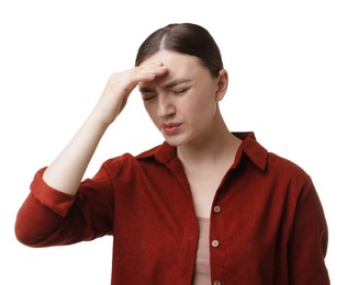 Photo of Woman suffering from headache on white background