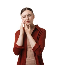 Photo of Woman suffering from toothache on white background