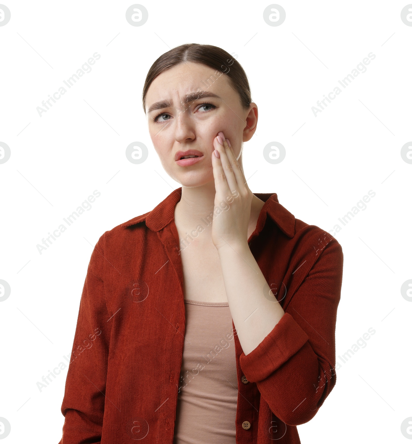 Woman suffering from toothache on white background Photo of Woman suffering from toothache on white background