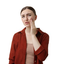 Photo of Woman suffering from toothache on white background