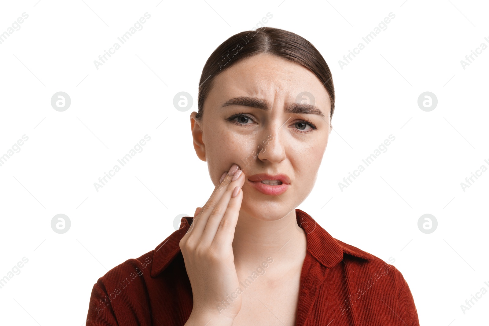 Photo of Woman suffering from toothache on white background