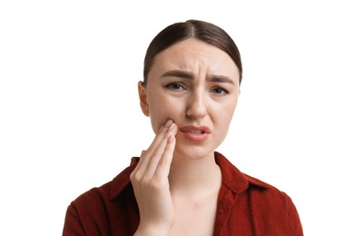Photo of Woman suffering from toothache on white background