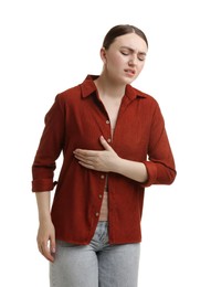 Photo of Woman suffering from chest pain on white background