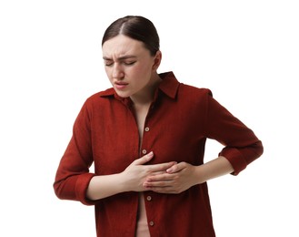 Photo of Woman suffering from chest pain on white background