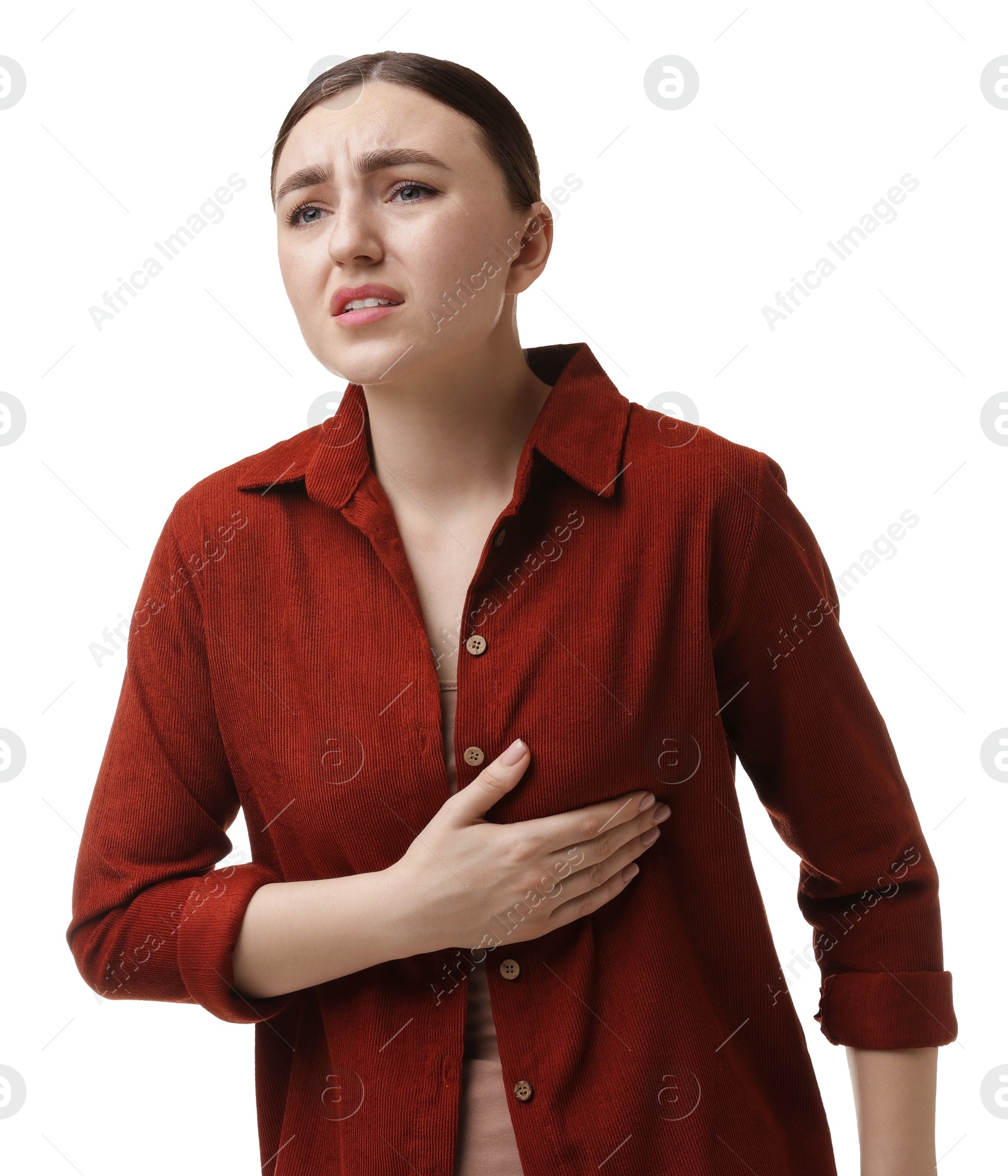 Woman suffering from chest pain on white background Photo of Woman suffering from chest pain on white background