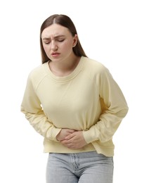 Photo of Woman suffering from abdominal pain on white background