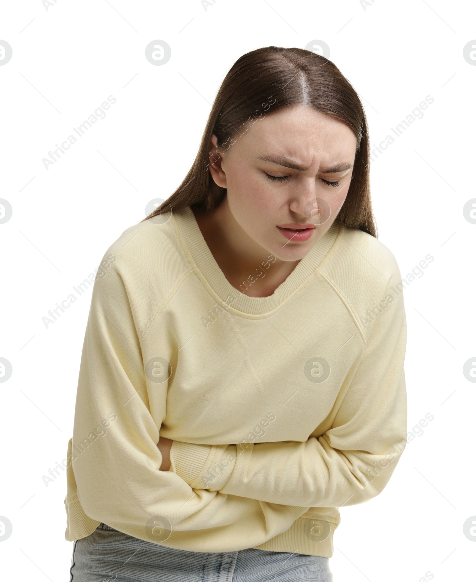 Photo of Woman suffering from abdominal pain on white background