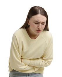 Photo of Woman suffering from abdominal pain on white background