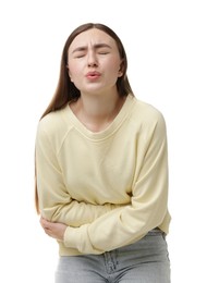 Photo of Woman suffering from abdominal pain on white background