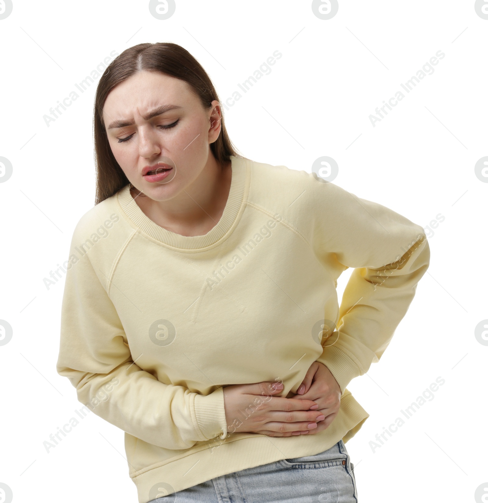 Woman suffering from flank pain on white background Photo of Woman suffering from flank pain on white background