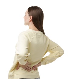Photo of Woman suffering from back pain on white background