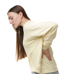 Photo of Woman suffering from back pain on white background