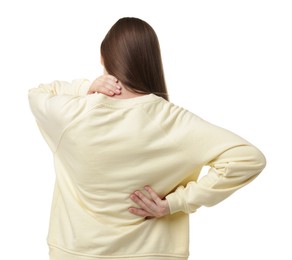 Photo of Woman suffering from back pain on white background