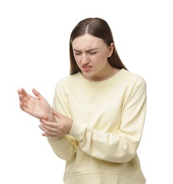 Photo of Woman suffering from wrist pain on white background