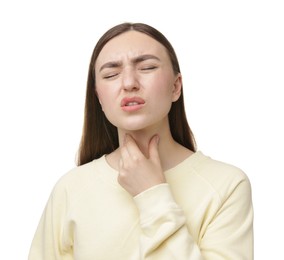 Photo of Woman suffering from sore throat on white background
