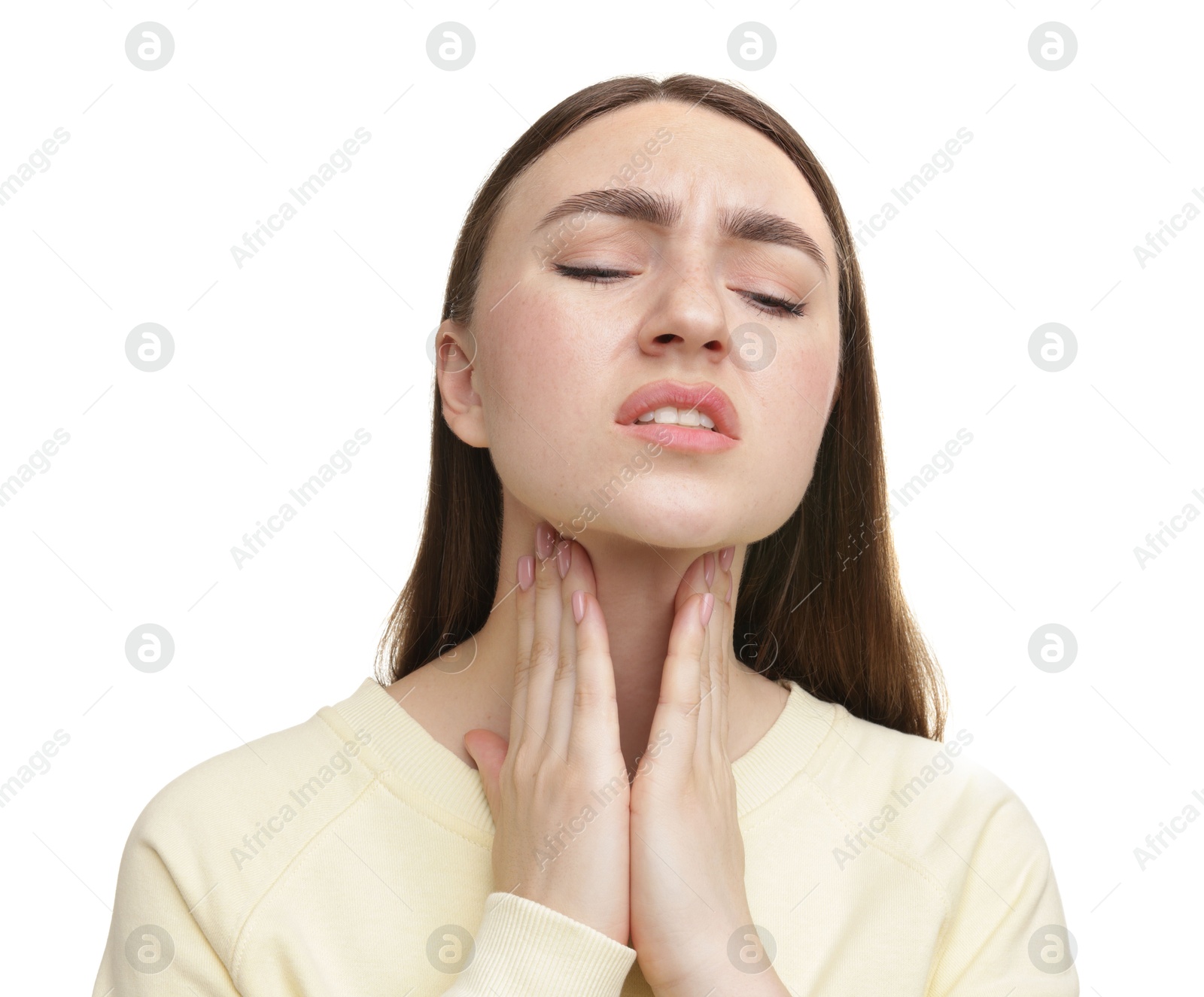 Woman suffering from sore throat on white background Photo of Woman suffering from sore throat on white background