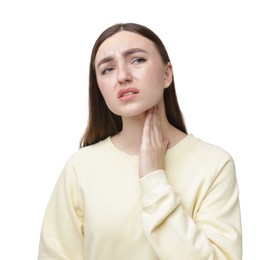 Photo of Woman suffering from sore throat on white background